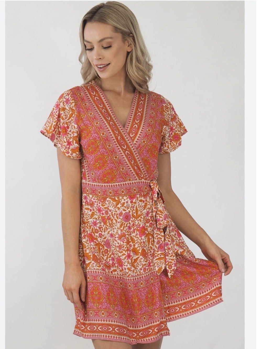 Floral Wrap Mini Dress in Coral Pink and Orange